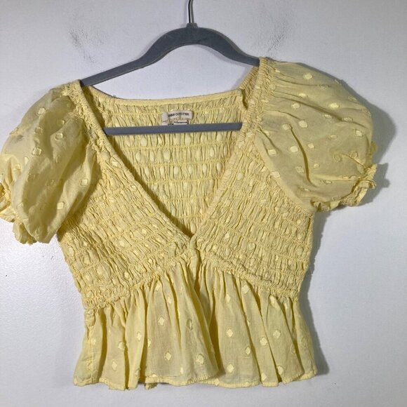 Urban Outfitters Tops - Womens Urban Outfitters Izzy V Neck Smocked Crop Top Puff Sleeve Dot Yellow S
